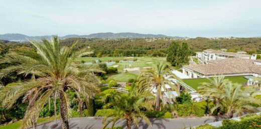 Golfeur avec vues idylliques : palmiers, collines vertes, bâtiments à droite sous un ciel clair.