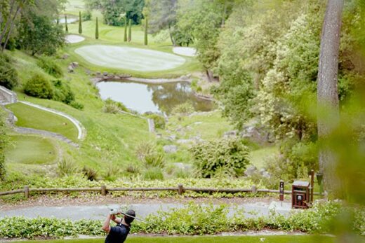 Un golfeur en chemise noire se balance sur un parcours luxuriant.