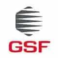 Logotype GSF hexagonal : rayures noires horizontales, texte rouge "GSF".