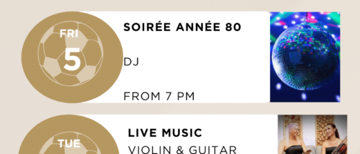 Schedule for Royal Savoy Lausanne: Live music, DJ sessions, special events July 2-30. Times and details listed.