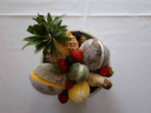 Vue d'en haut : bol de fruits variés sur fond blanc.
